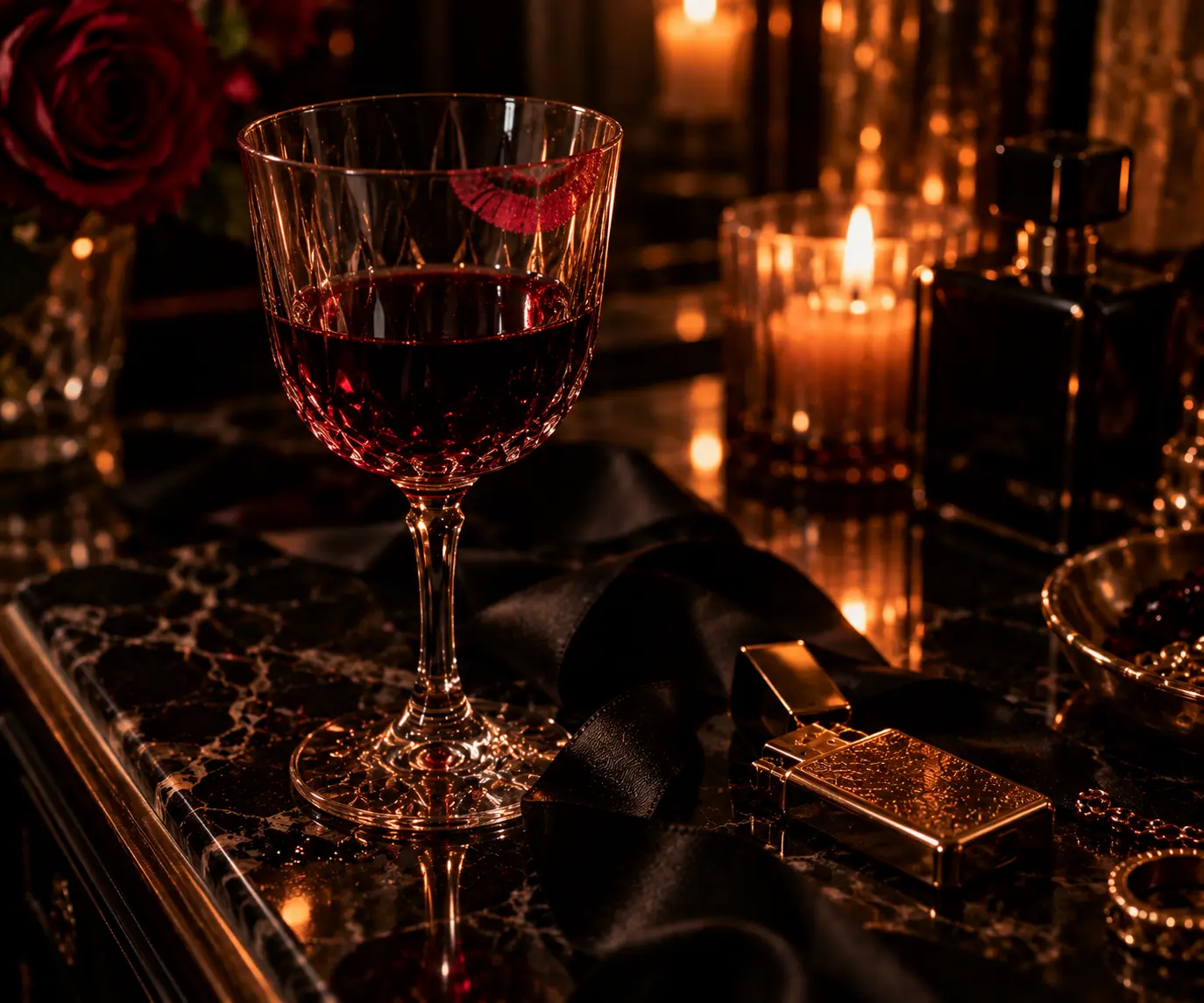 A wine goblet bearing a crimson kiss, glowing by candlelight